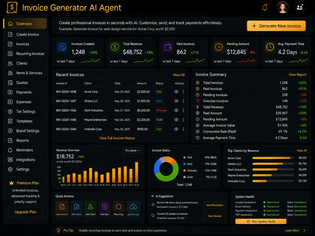 aiinvoicegenerator.app AI AI invoice generator app — invoice automation planning and handoff dashboard preview